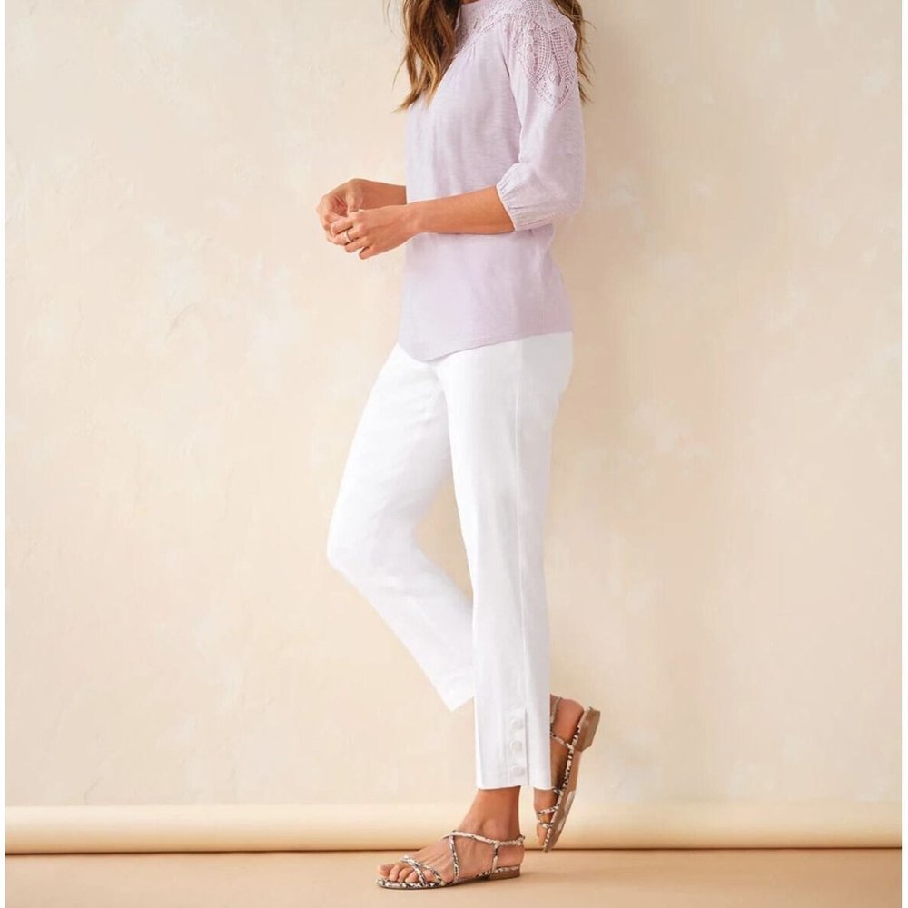 NWT J Jill Linen Stretch Pants Women's XL Elastic Waist Side Zip White Buttons